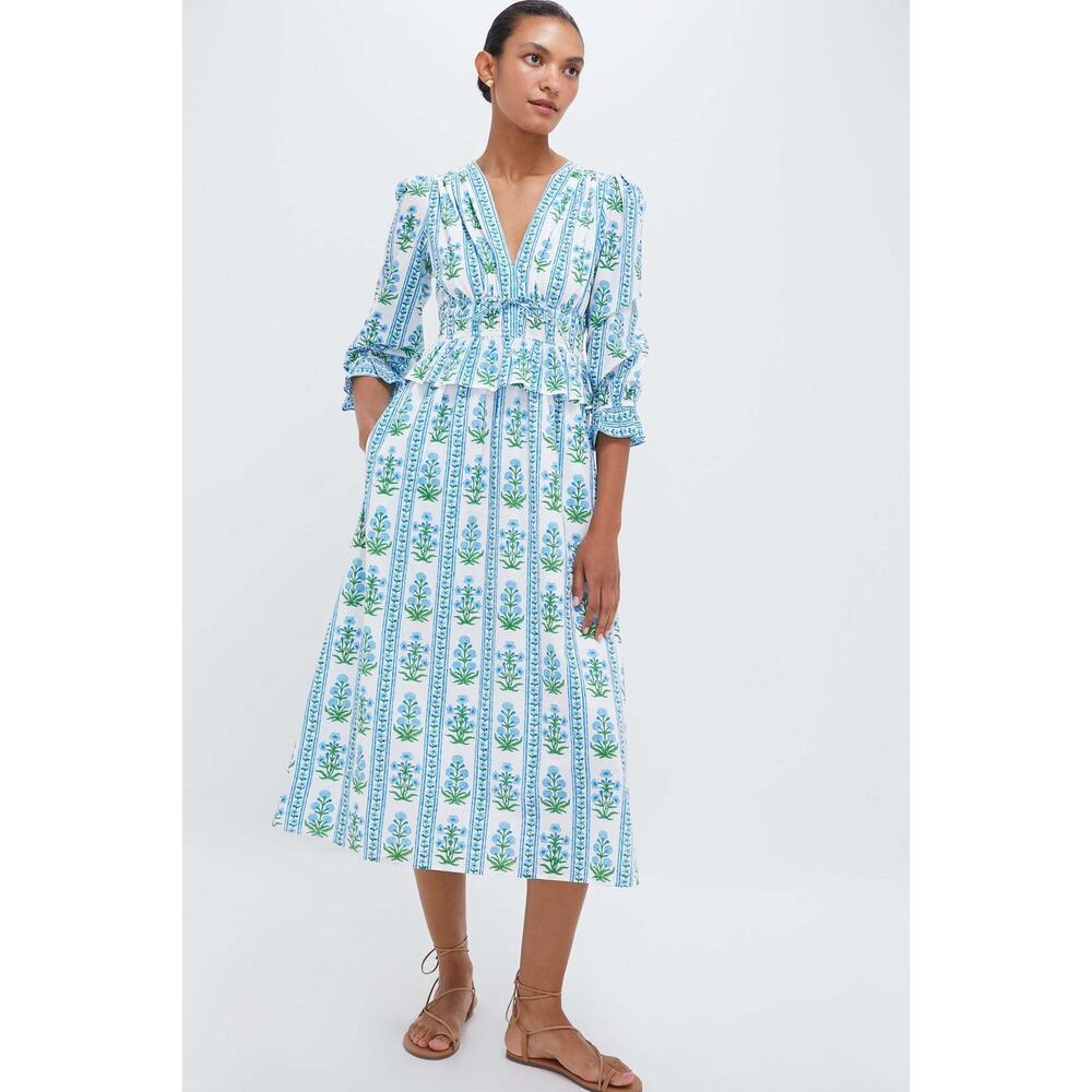Tuckernuck White, Blue and Green Floral-Striped Midi Dress